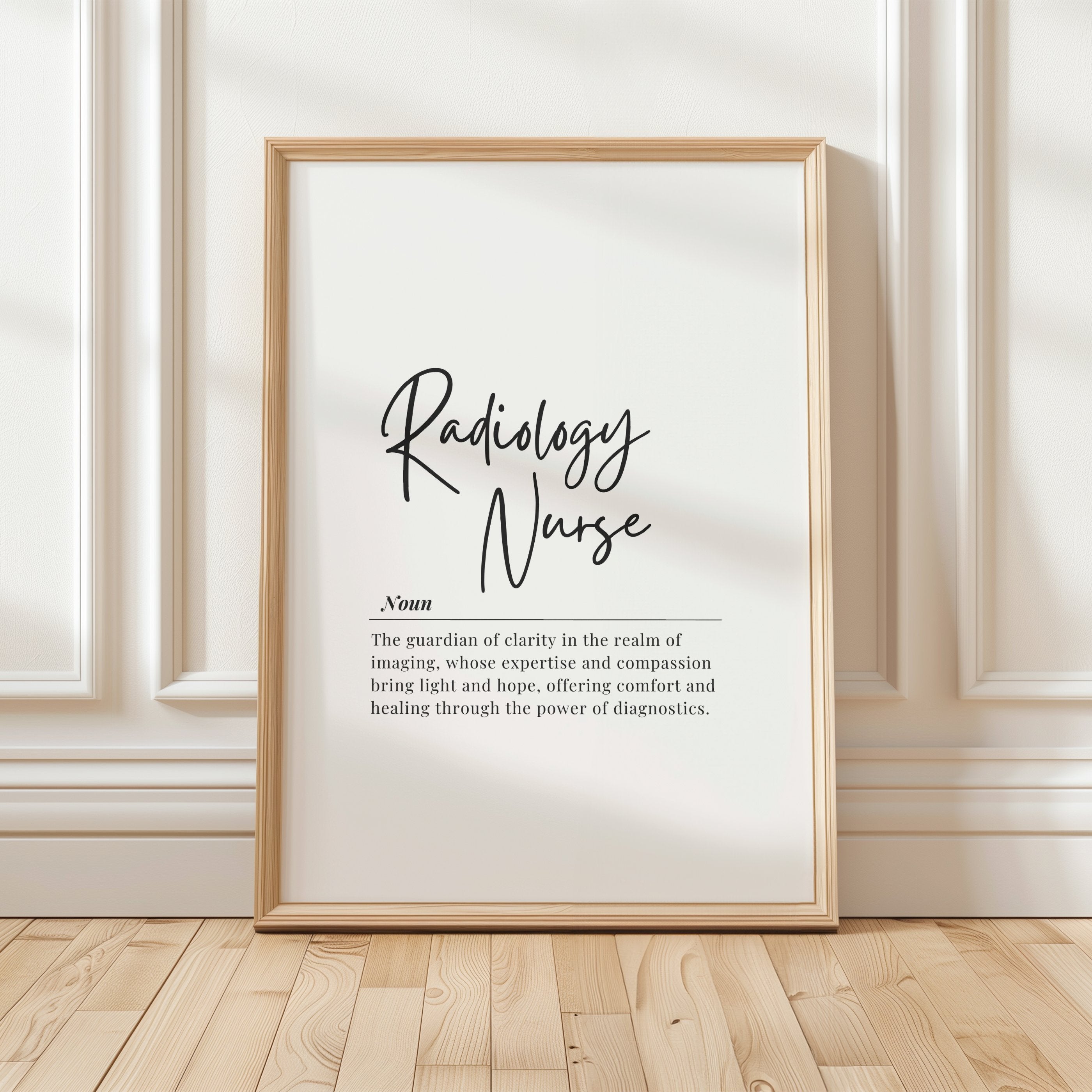 Modern typography print featuring 'Radiology Nurse' definition in bold black script and serif fonts against white background, creating a professional minimalist design perfect for clinical spaces.