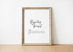 Minimalist typography print featuring 'Respiratory Therapist' in elegant black script on white background, with definition text describing them as a lifeline for struggling lungs.