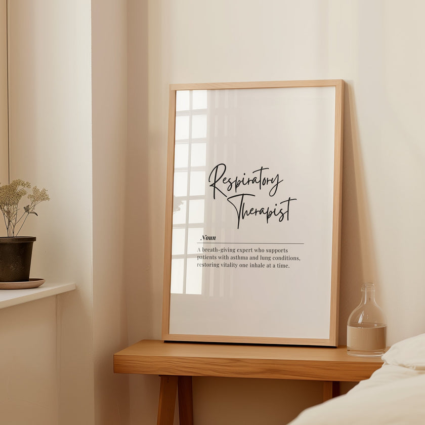 Elegant typography print featuring 'Respiratory Therapist' in black script against white background, with formal definition text below, creating a professional and sophisticated medical office decor piece.