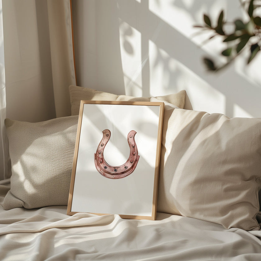 Elegant minimalist horseshoe in muted rose gold against white background, featuring detailed rivets and rustic finish, framed in natural wood for good luck charm in modern farmhouse decor.