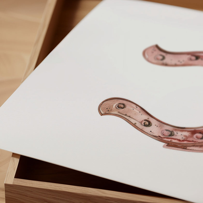 Elegant minimalist horseshoe in muted rose gold against white background, featuring detailed rivets and rustic finish, framed in natural wood for good luck charm in modern farmhouse decor.