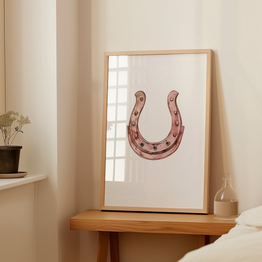 Elegant minimalist horseshoe in muted rose gold against white background, featuring detailed rivets and rustic finish, framed in natural wood for good luck charm in modern farmhouse decor.