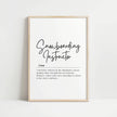 Minimalist typographic design featuring 'Snowboarding Instructor' in bold black script against white background, with an inspiring definition describing freestyle virtuosos on mountain canvases.