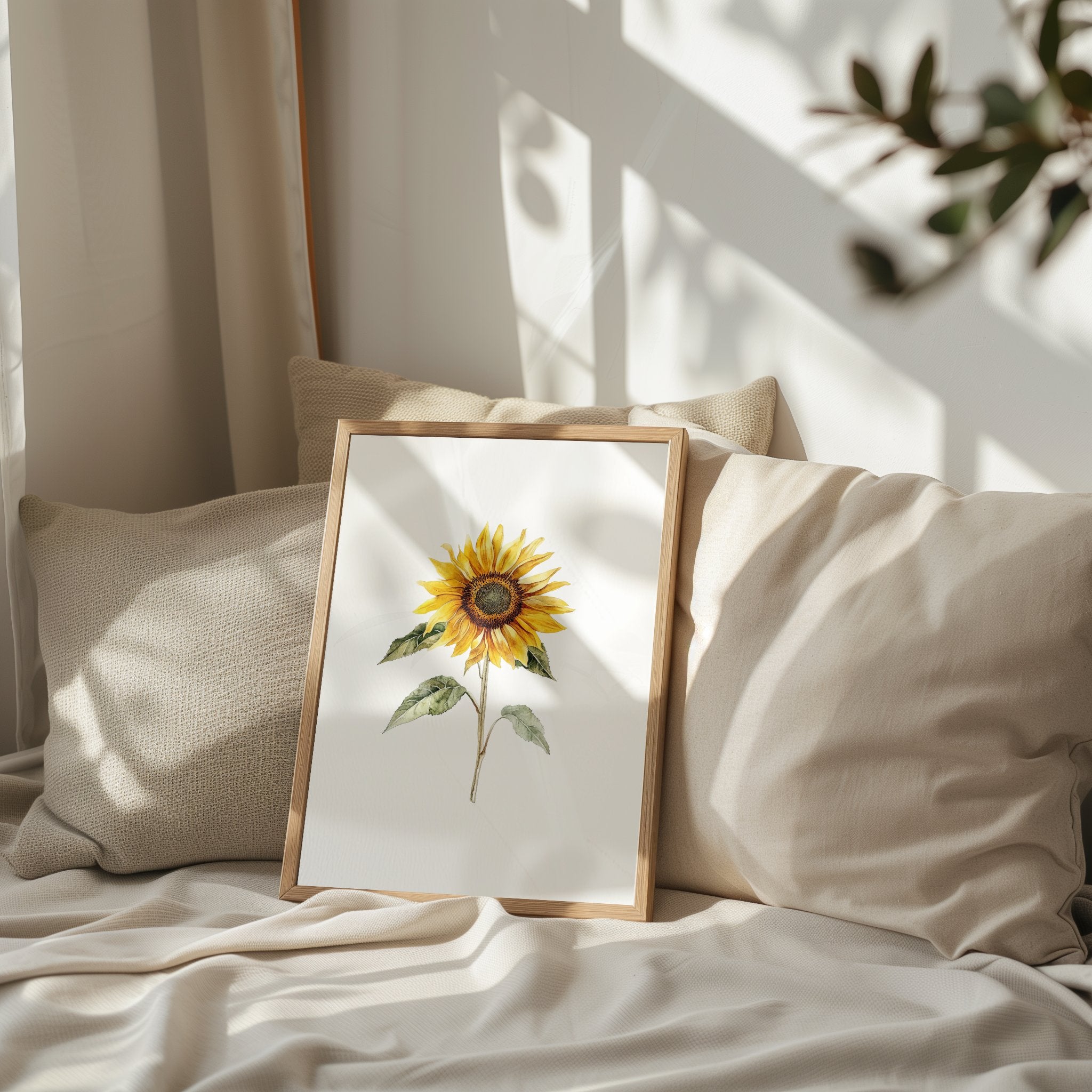Watercolor sunflower in vibrant golden-yellow with delicate green leaves against a clean white background, displayed in a rustic wooden frame creating a minimalist, calming aesthetic.