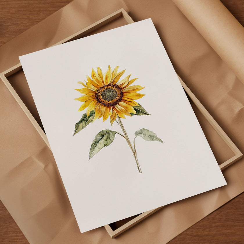 Watercolor sunflower in vibrant golden-yellow with delicate green leaves against a clean white background, displayed in a rustic wooden frame creating a minimalist, calming aesthetic.