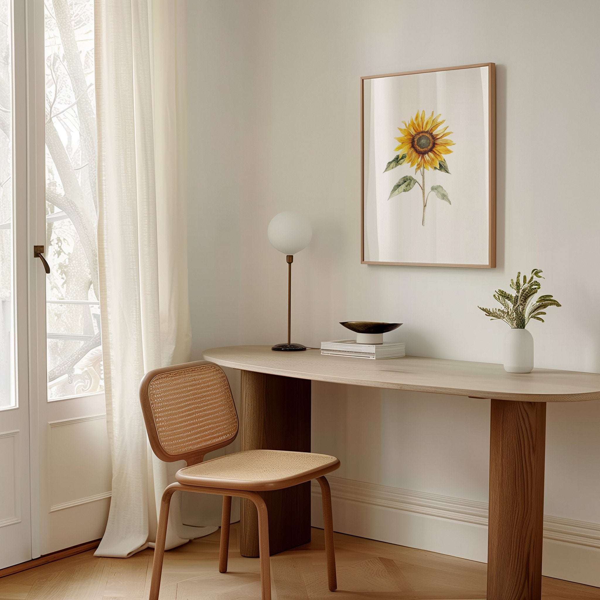 Watercolor sunflower in vibrant golden-yellow with delicate green leaves against a clean white background, displayed in a rustic wooden frame creating a minimalist, calming aesthetic.