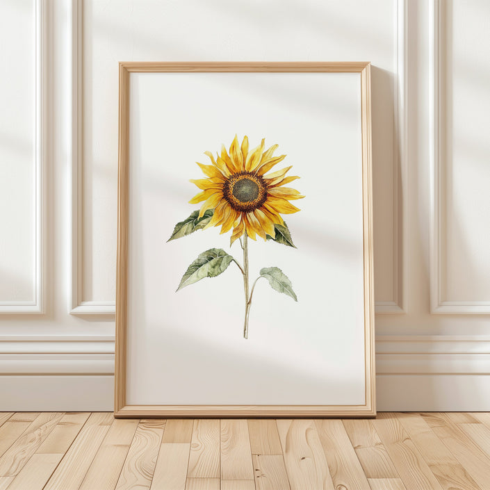 Watercolor sunflower in vibrant golden-yellow with delicate green leaves against a clean white background, displayed in a rustic wooden frame creating a minimalist, calming aesthetic.