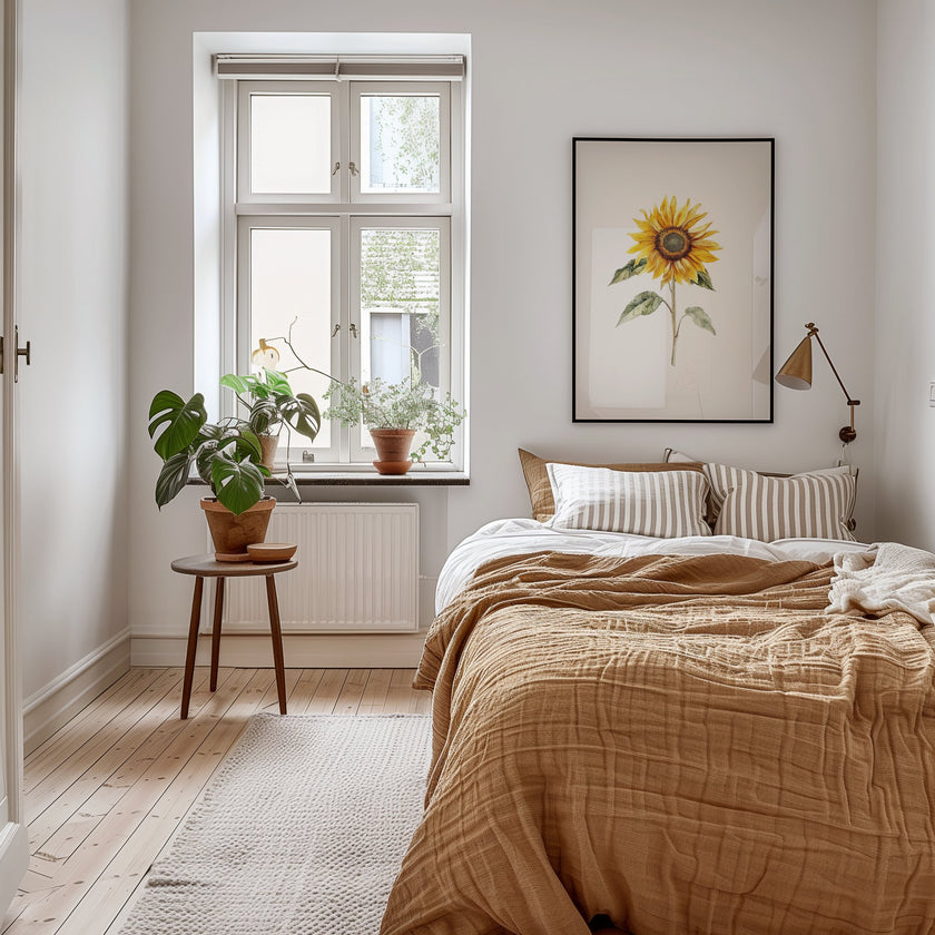 Watercolor sunflower in vibrant golden-yellow with delicate green leaves against a clean white background, displayed in a rustic wooden frame creating a minimalist, calming aesthetic.