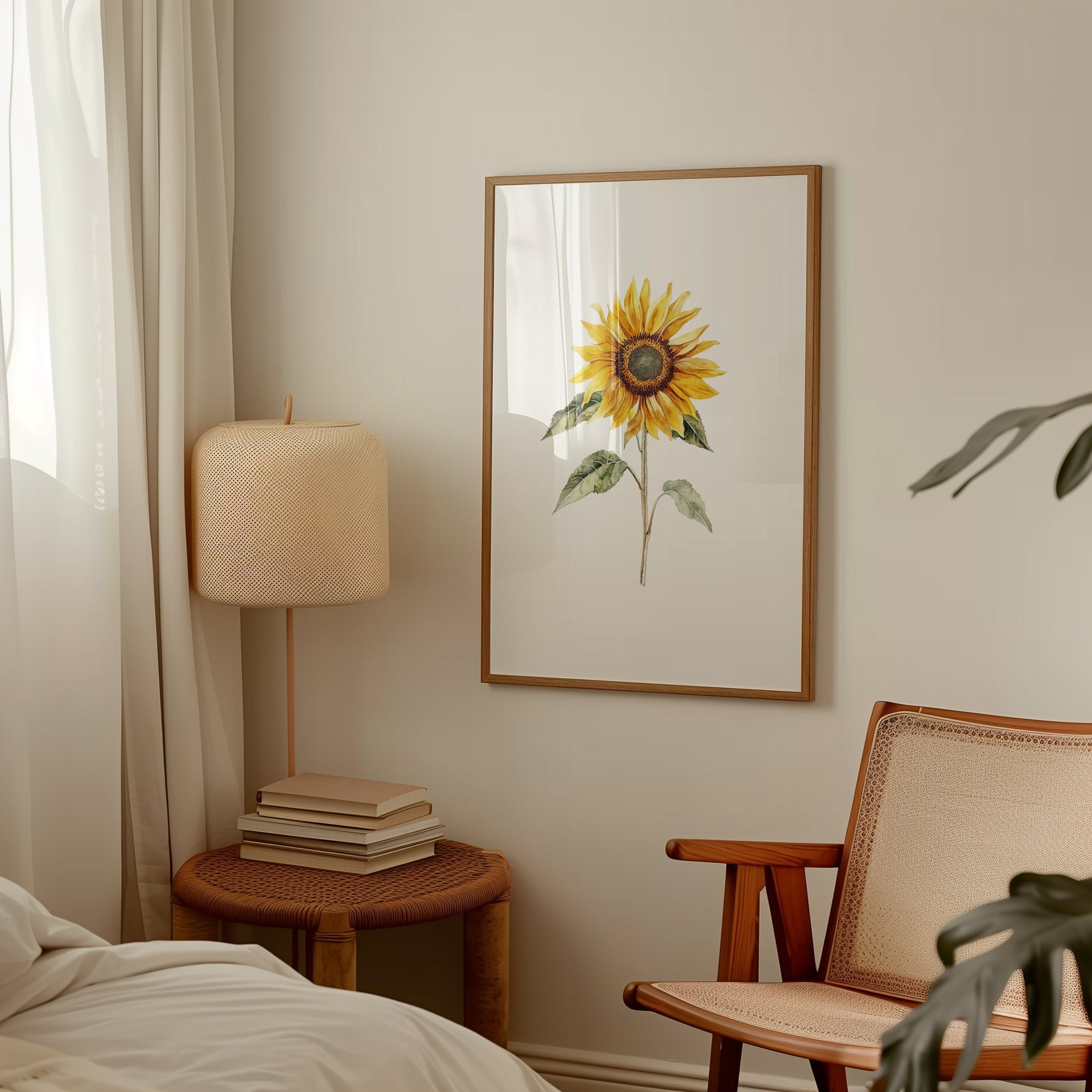 Watercolor sunflower in vibrant golden-yellow with delicate green leaves against a clean white background, displayed in a rustic wooden frame creating a minimalist, calming aesthetic.