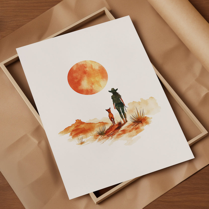 Minimalist watercolor print featuring silhouettes of a person and dog against a vivid burnt orange sunset in a desert landscape, conveying serenity and adventure in warm earthy tones.