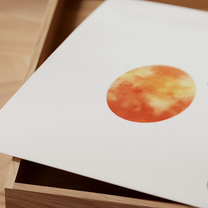 Minimalist watercolor print featuring silhouettes of a person and dog against a vivid burnt orange sunset in a desert landscape, conveying serenity and adventure in warm earthy tones.