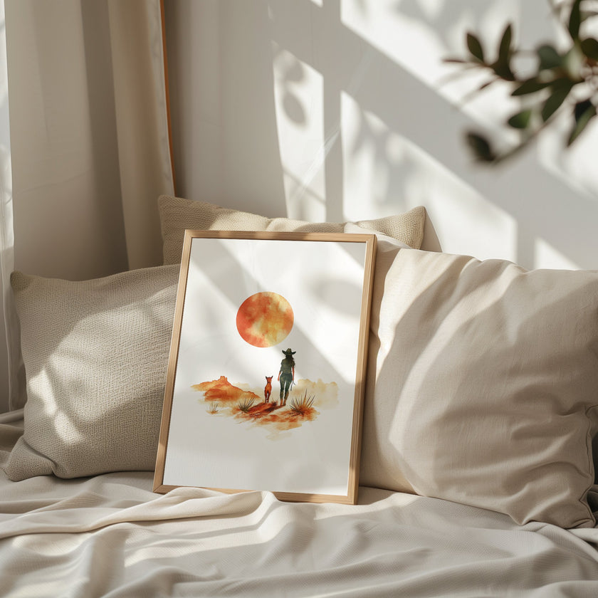 Minimalist watercolor print featuring silhouettes of a person and dog against a vivid burnt orange sunset in a desert landscape, conveying serenity and adventure in warm earthy tones.