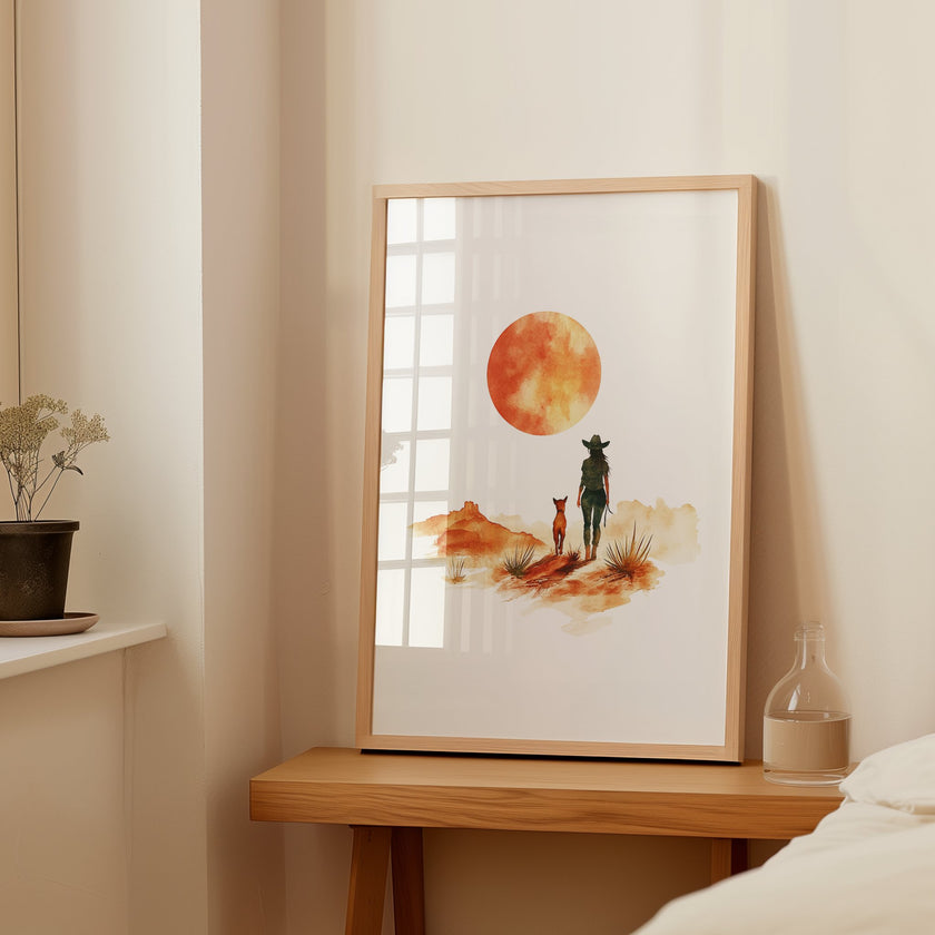 Minimalist watercolor print featuring silhouettes of a person and dog against a vivid burnt orange sunset in a desert landscape, conveying serenity and adventure in warm earthy tones.