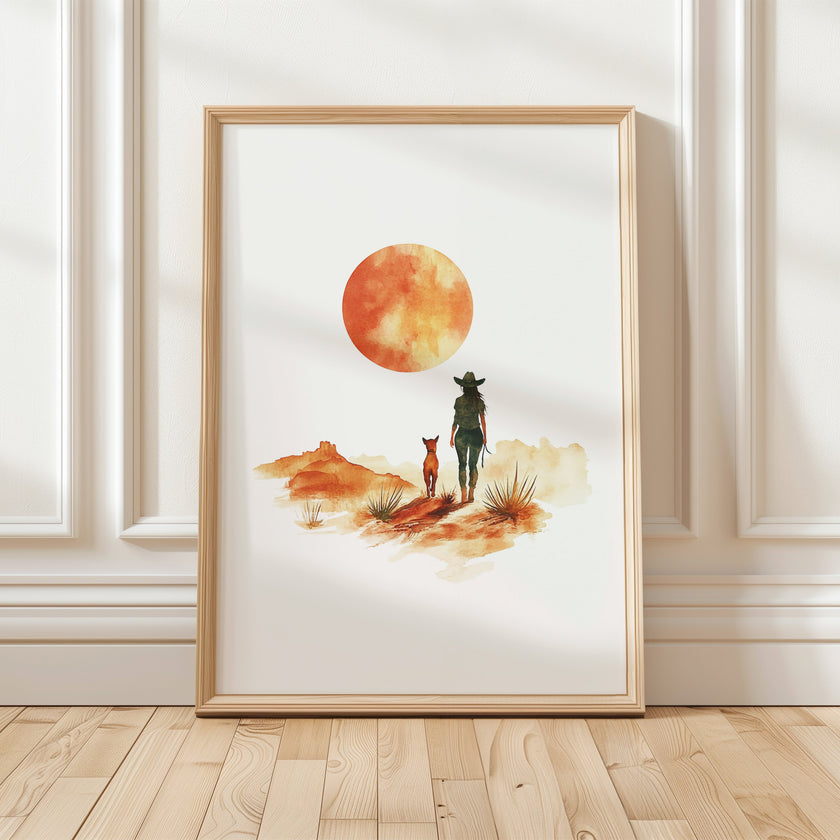 Minimalist watercolor print featuring silhouettes of a person and dog against a vivid burnt orange sunset in a desert landscape, conveying serenity and adventure in warm earthy tones.