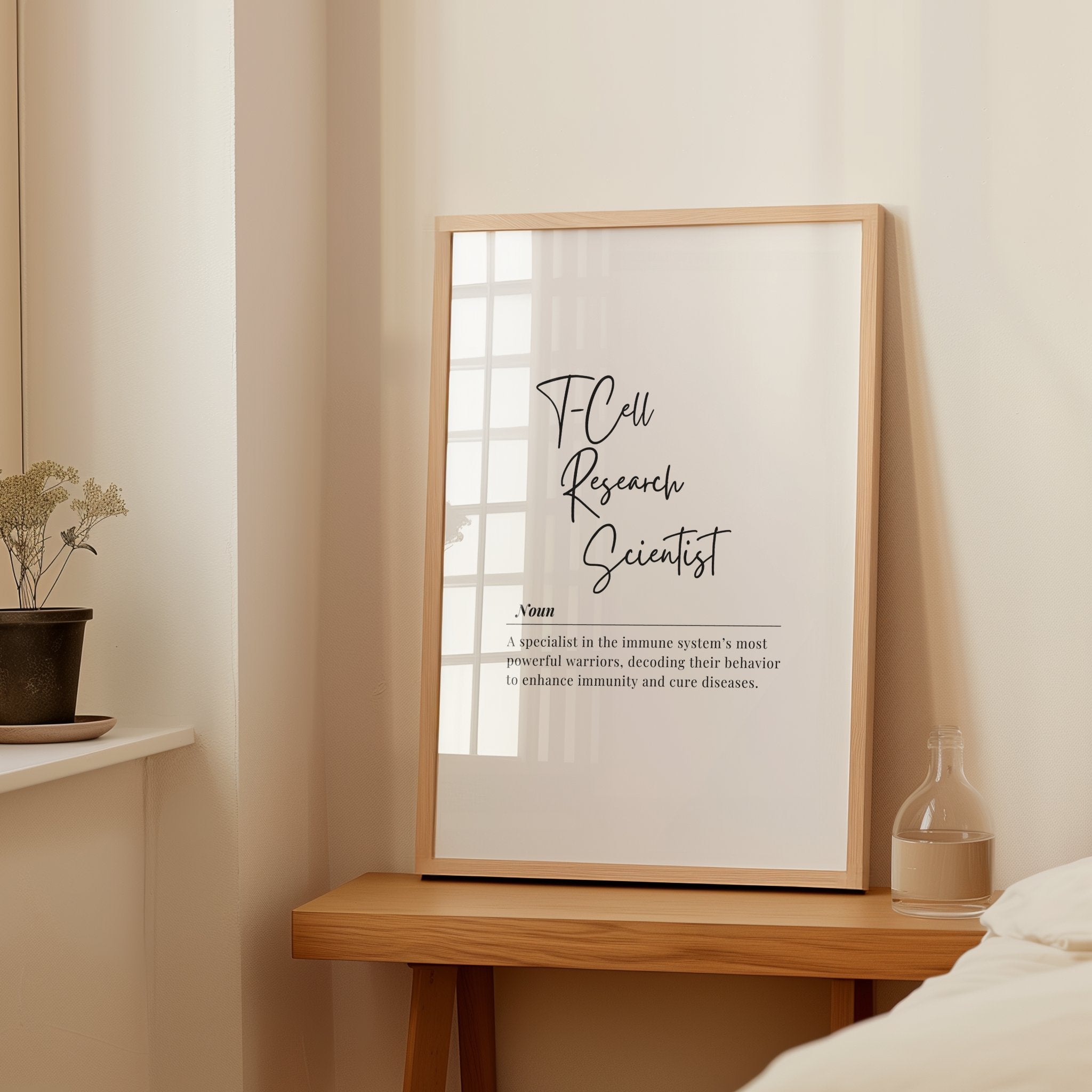 Minimalist digital print featuring 'T-Cell Research Scientist' in bold black script against white background with professional serif definition text below, perfect for laboratory or research office environments.