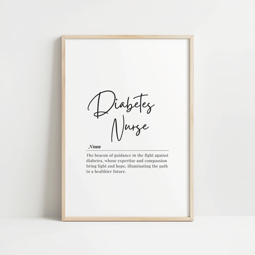 Elegant black typography on white background featuring 'Diabetes Nurse' in bold script font with definition in clean serif, creating a professional aesthetic for healthcare settings.