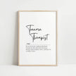 Elegant black and white typography print featuring 'Trauma Therapist' in script font with inspirational definition text against a clean white background, perfect for professional therapy settings.