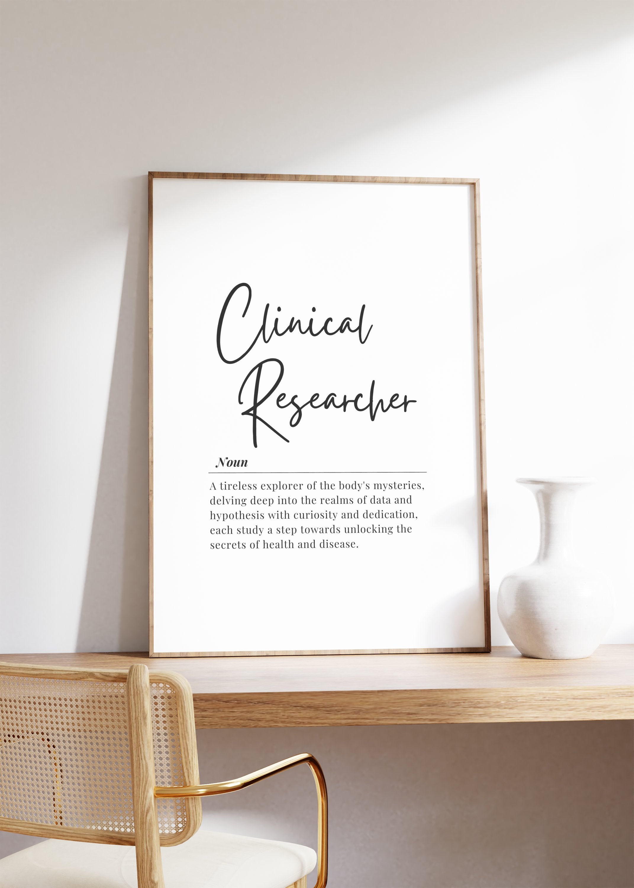 Modern typography print featuring 'Clinical Researcher' in elegant black script against crisp white background with professional definition text in serif font below
