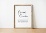 Modern typography print featuring 'Clinical Researcher' in elegant black script against crisp white background with professional definition text in serif font below