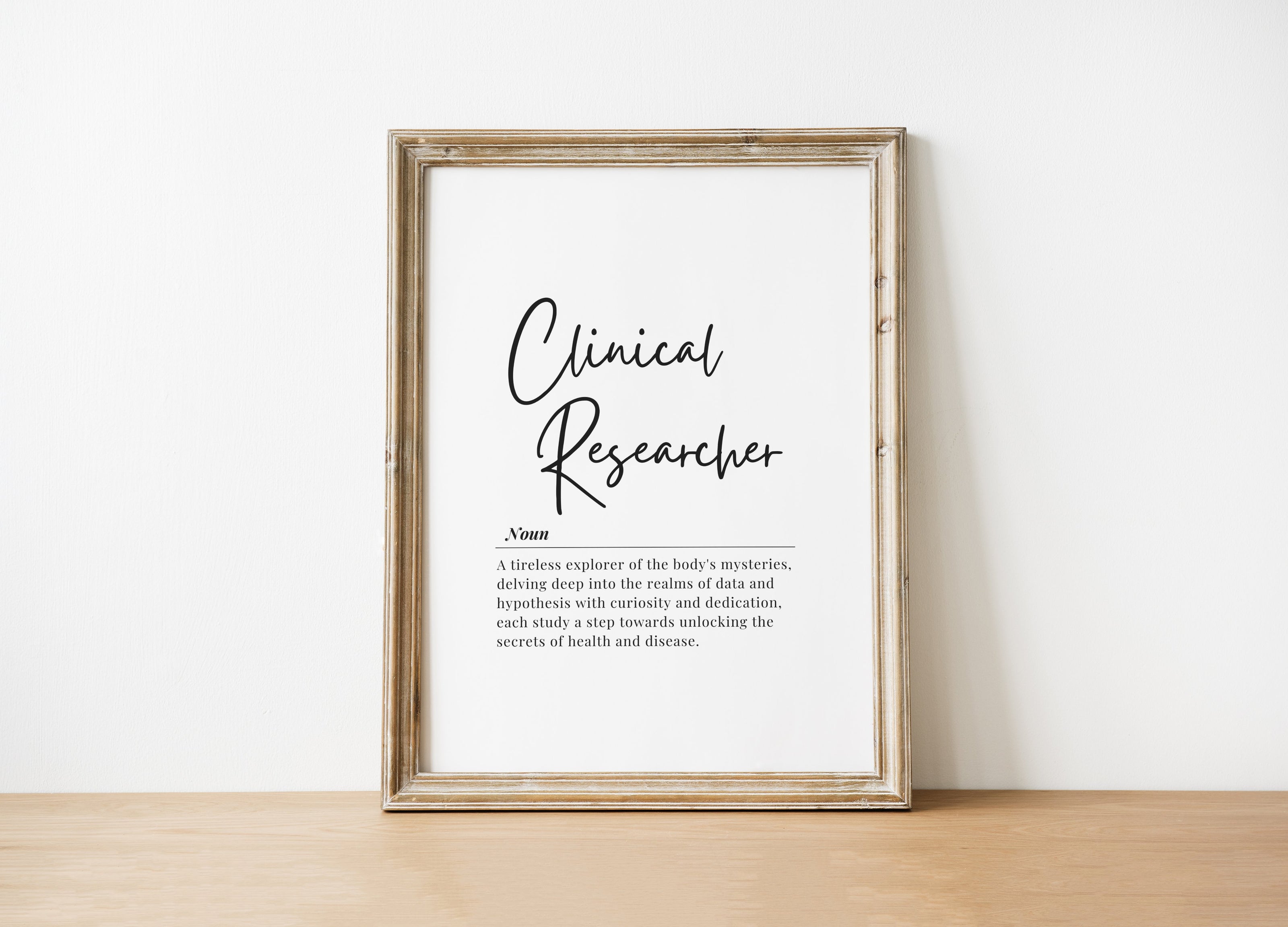 Modern typography print featuring 'Clinical Researcher' in elegant black script against crisp white background with professional definition text in serif font below