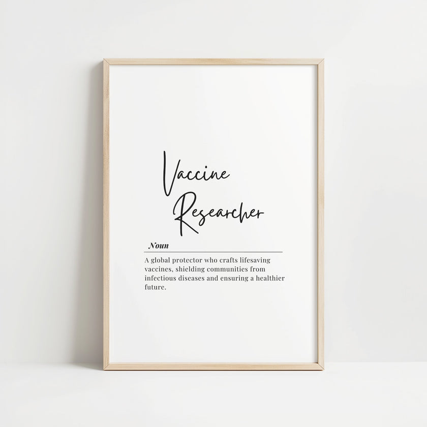 Minimalist black script typography featuring 'Vaccine Researcher' definition against white background, describing global protectors crafting lifesaving vaccines, designed for professional medical spaces.
