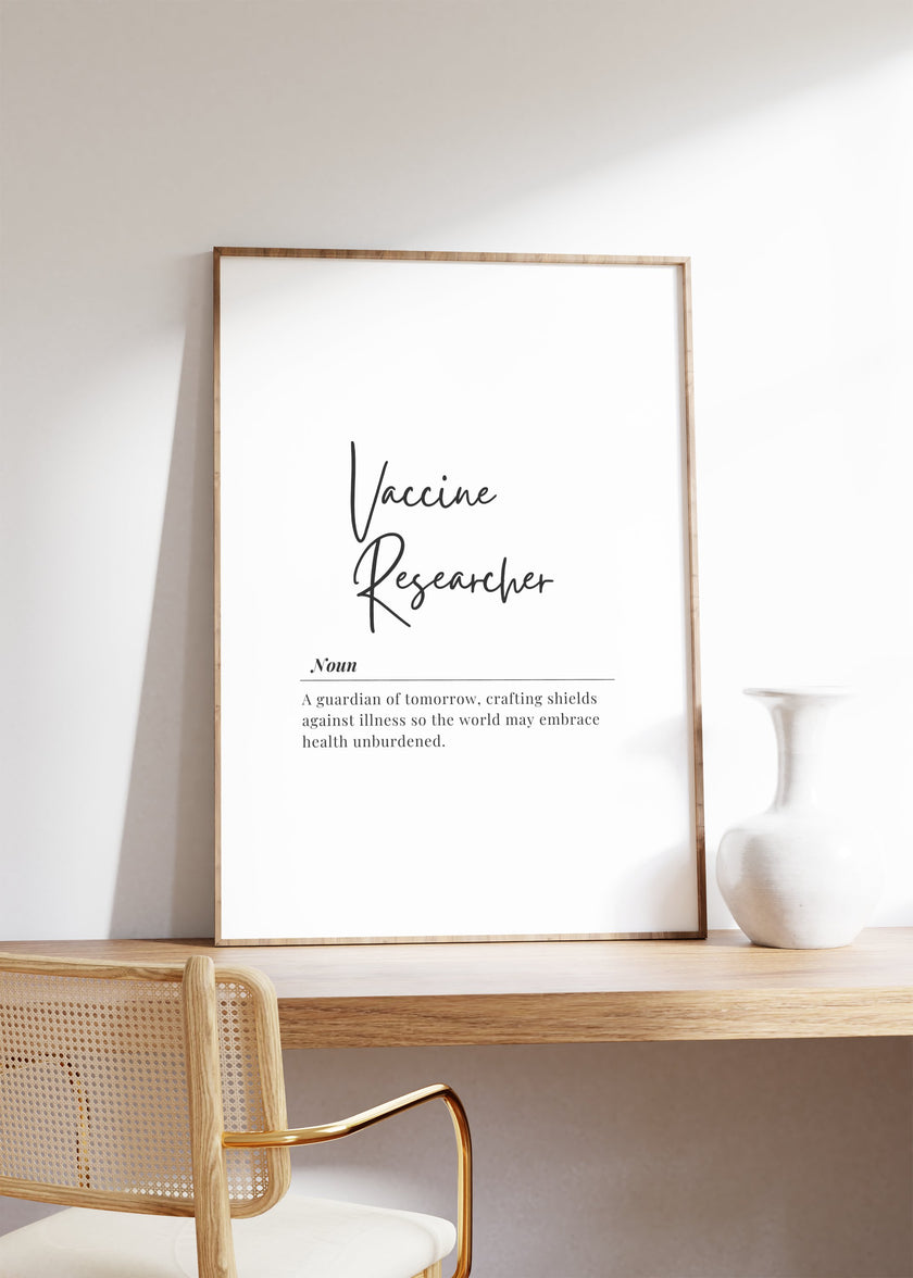 Modern minimalist typographic print featuring 'Vaccine Researcher' in elegant black script against white background, with inspirational definition highlighting their role as guardians of public health.
