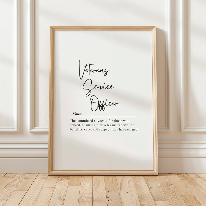 Monochromatic typography print defining 'Veterans Service Officer' in elegant script font against white background, with contrasting sans-serif text creating a professional, respectful atmosphere perfect for office display.