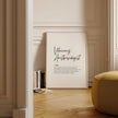 Elegant black script 'Veterinary Anesthesiologist' with flowing definition text against white background in wooden frame, creating a sophisticated professional tribute to veterinary specialists.