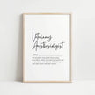 Elegant black script 'Veterinary Anesthesiologist' with flowing definition text against white background in wooden frame, creating a sophisticated professional tribute to veterinary specialists.