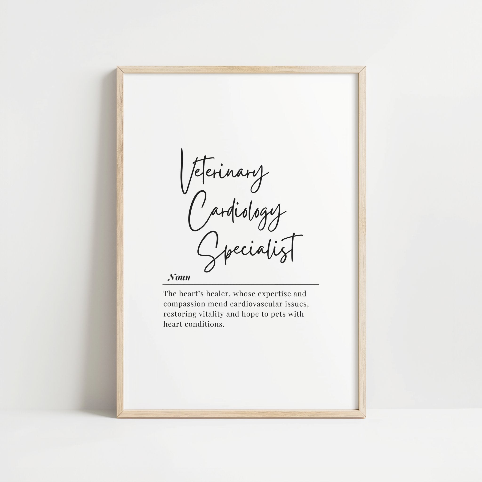 Black and white typography print featuring 'Veterinary Cardiology Specialist' in elegant script font with professional definition text against clean white background, conveying compassion for pets with heart conditions.