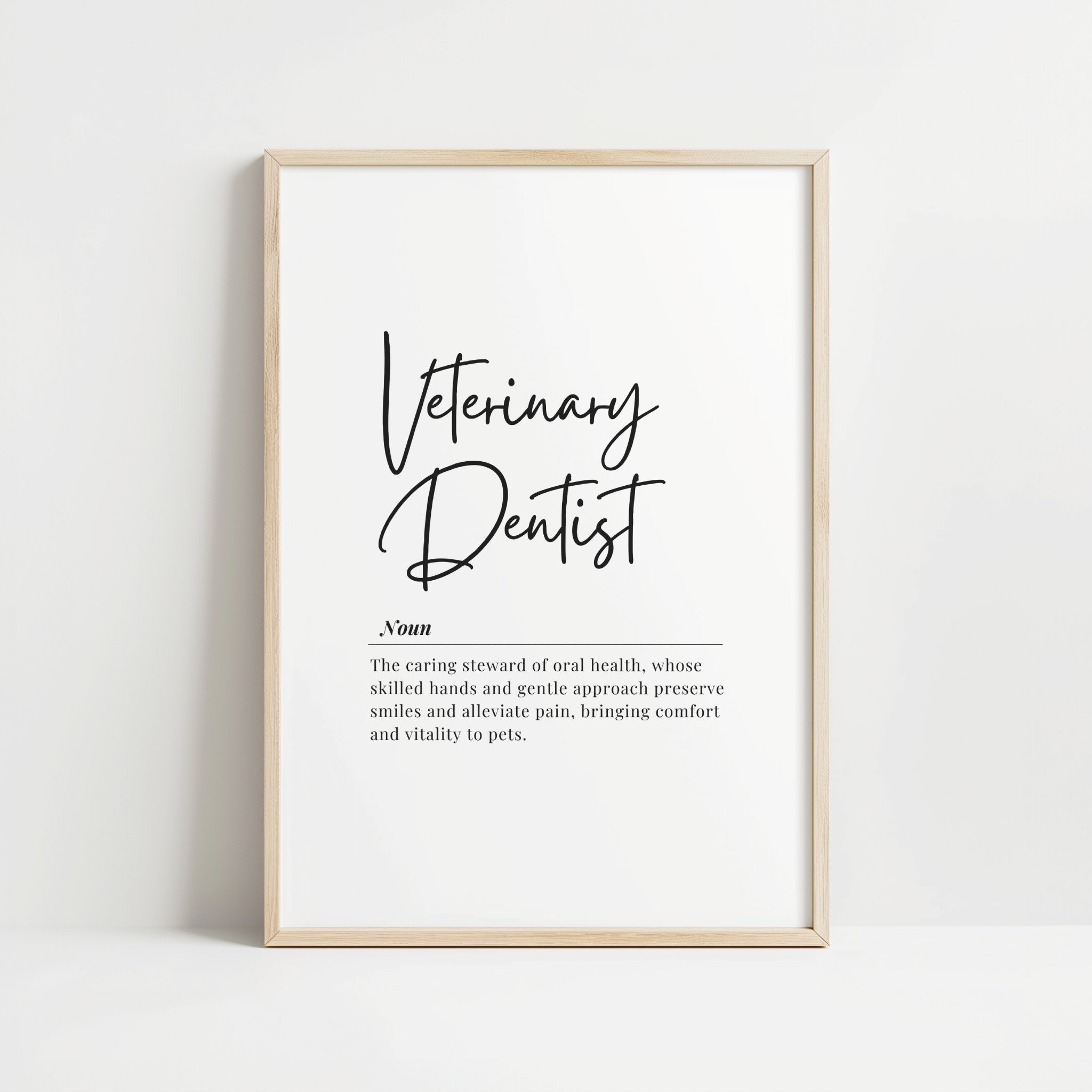 Minimalist black script typography on white background featuring 'Veterinary Dentist' definition with elegant serif font, creating a professional and inspirational atmosphere perfect for veterinary clinics.