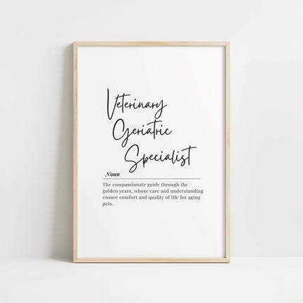 Minimalist typography design featuring 'Veterinary Geriatric Specialist' in elegant script font with inspirational subtext on compassionate pet care, set in charcoal gray against white background.