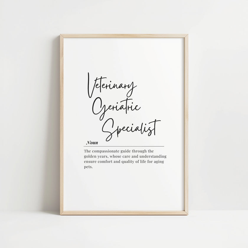 Minimalist typography design featuring 'Veterinary Geriatric Specialist' in elegant script font with inspirational subtext on compassionate pet care, set in charcoal gray against white background.