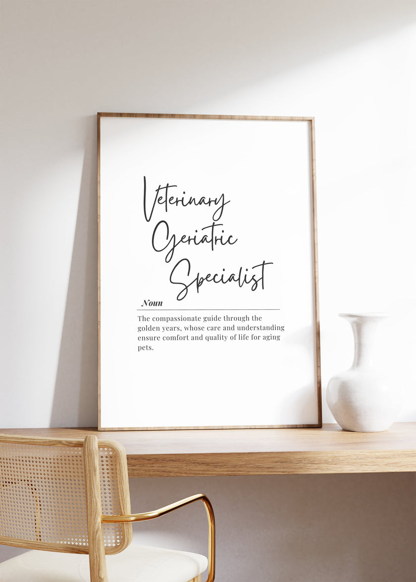 Minimalist typography design featuring 'Veterinary Geriatric Specialist' in elegant script font with inspirational subtext on compassionate pet care, set in charcoal gray against white background.