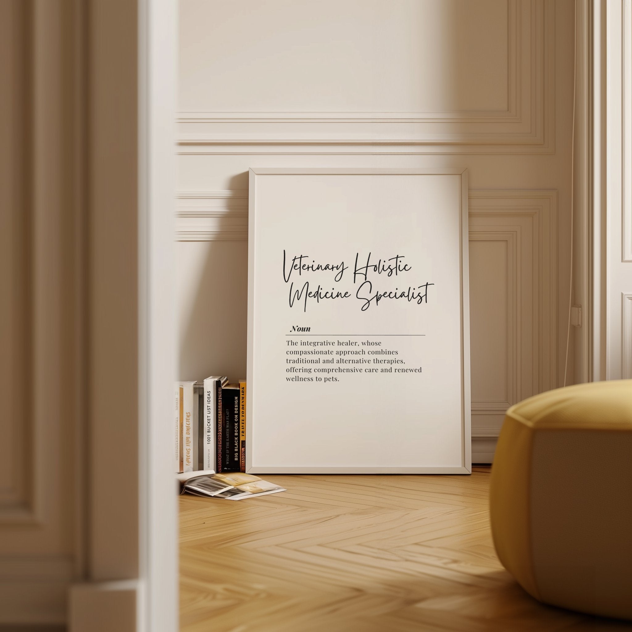Elegant typography print featuring 'Veterinary Holistic Medicine Specialist' in stylish script against white background, framed in minimalist wood, creating a professional yet calming atmosphere perfect for wellness-focused vet offices.