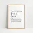 Black and white typographic print defining 'Veterinary Hospice and Palliative Care Specialist' in elegant script and serif fonts, presenting a professional definition that conveys compassion and dignity for end-of-life pet care.