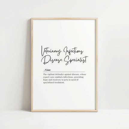Modern monochrome veterinary definition print with elegant script title and serif text against white background, framed in natural wood, perfect for professional clinic spaces.