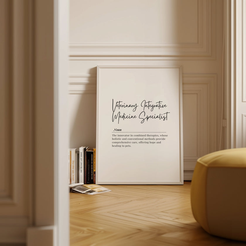 Elegant script typography displaying 'Veterinary Integrative Medicine Specialist' definition against white background, featuring professional monochrome design with contrasting fonts creating a sophisticated atmosphere for veterinary spaces.