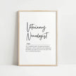 Minimalist typography print with 'Veterinary Neurologist' in elegant script against white background, featuring professional definition text in serif font, framed in modern wood, ideal for clinical settings.
