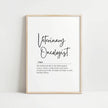 Elegant black script featuring 'Veterinary Oncologist' definition on white background, combining bold handwriting with serif font, creating an inspirational and professional atmosphere for veterinary clinics.