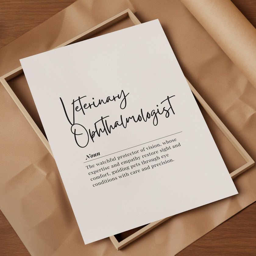 Elegant black script typography featuring 'Veterinary Ophthalmologist' definition on white background with thin black lines, conveying professional atmosphere perfect for veterinary offices.