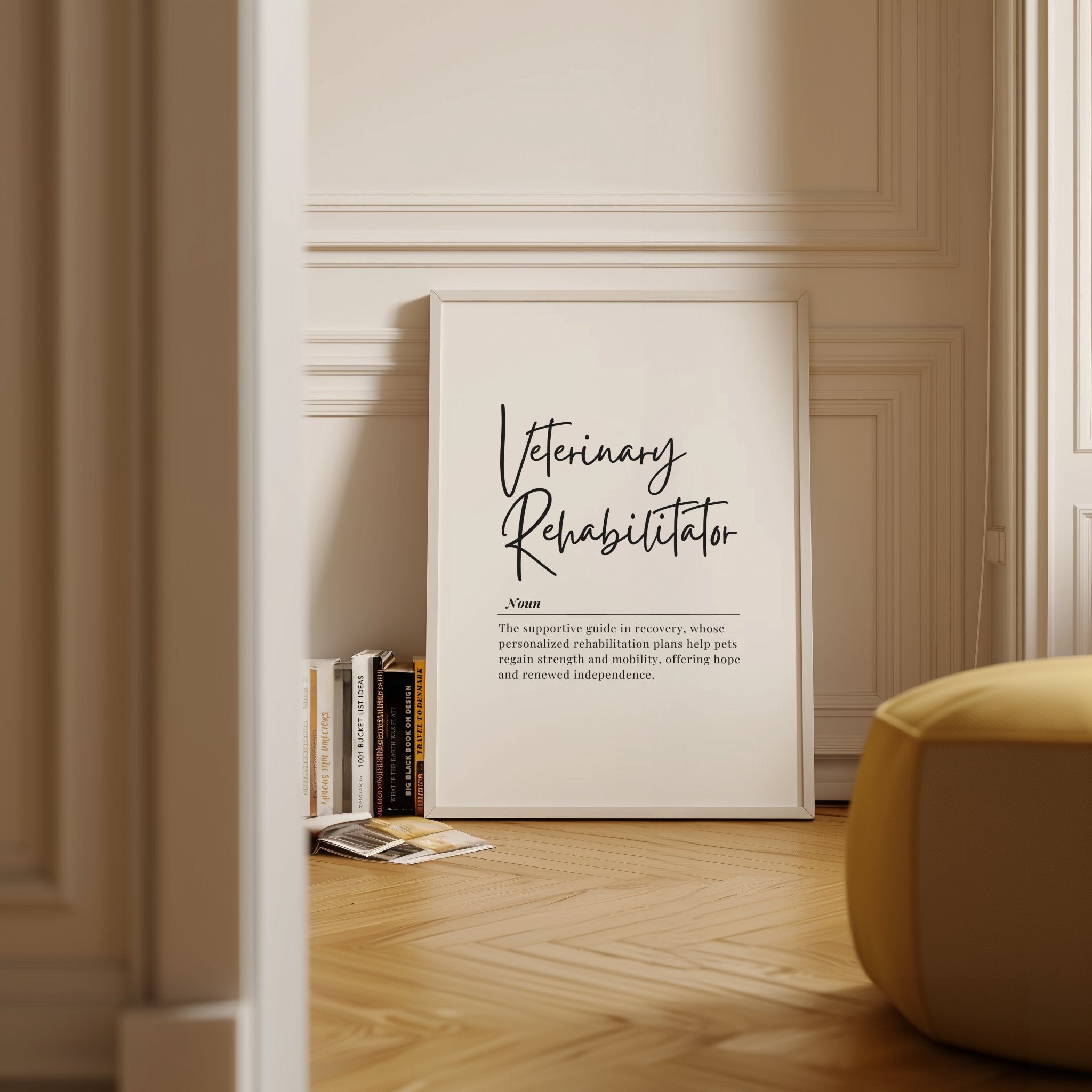 Elegant black script 'Veterinary Rehabilitator' typography against white background in natural wooden frame, creating a minimalist professional aesthetic ideal for veterinary rehabilitation spaces.