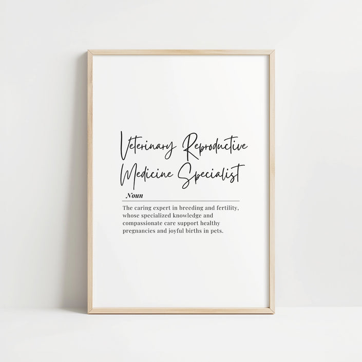 Sophisticated black script 'Veterinary Reproductive Medicine Specialist' with serif definition text against white background, creating a professional minimalist aesthetic for veterinary clinics.