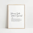 Elegant minimalist typography print featuring 'Veterinary Shelter Medicine Specialist' in black cursive script on white background with an inspirational definition quote below in serif font, framed in modern wood.