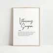 Elegant typography print with 'Veterinary Surgeon' in bold script above an inspirational definition in serif font against a clean white background, conveying professionalism and compassion.