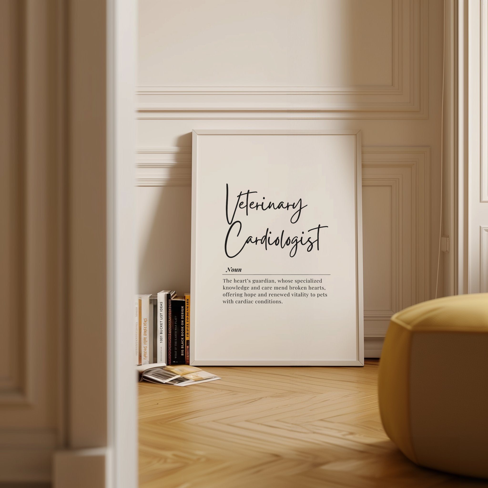 Elegant typography print featuring 'Veterinary Cardiologist' in black script against white background, with definition text describing heart guardians who mend pets' cardiac conditions, framed in light wood.