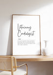 Elegant typography print featuring 'Veterinary Cardiologist' in black script against white background, with definition text describing heart guardians who mend pets' cardiac conditions, framed in light wood.