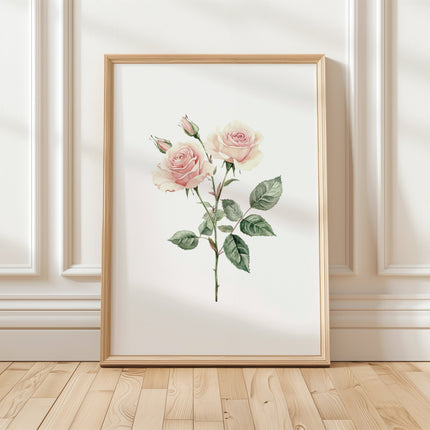 Delicate pink roses with vibrant green leaves against a white backdrop, framed in rustic wood, creating a serene, minimalist botanical composition perfect for Scandinavian-inspired living spaces.