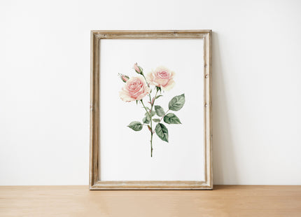 Delicate pink roses with vibrant green leaves against a white backdrop, framed in rustic wood, creating a serene, minimalist botanical composition perfect for Scandinavian-inspired living spaces.