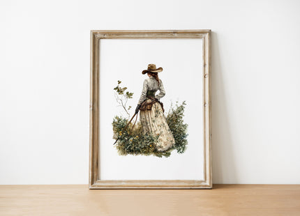 Solitary cowgirl figure in western attire with earthy tones against white background, featuring detailed dress patterns and natural foliage, creating a nostalgic, tranquil atmosphere for rustic spaces.